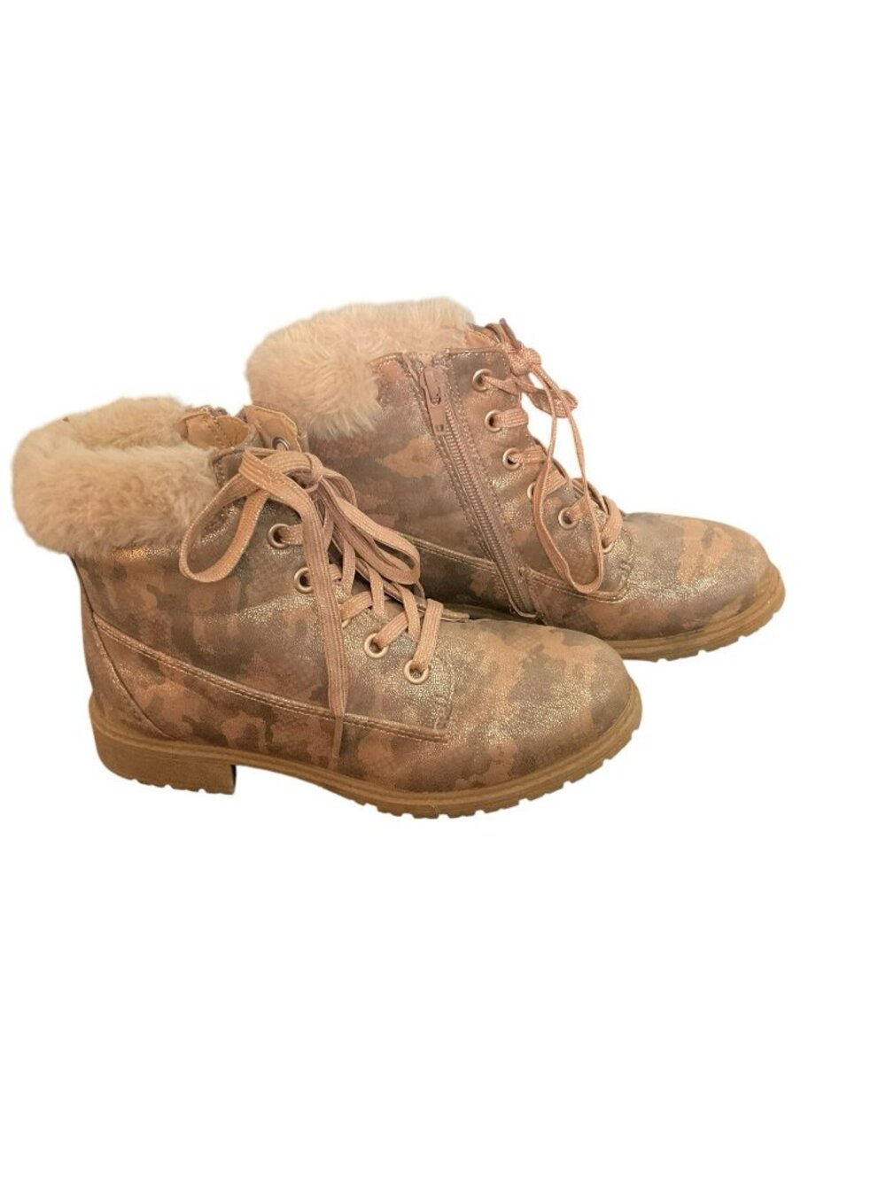 MIA Combat Boots girls 2M Lace Up  Side Zipper Shearling Lined Bootie Camouflage